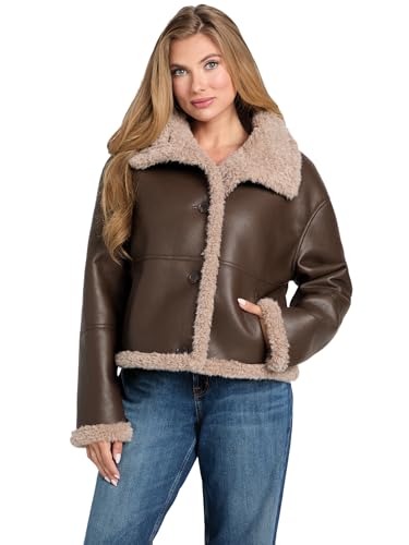 GUESS フライトジャケット ダークブラウン Guess Womens Terry Crop Faux Shearling, Dark Luxe Brown, Extra